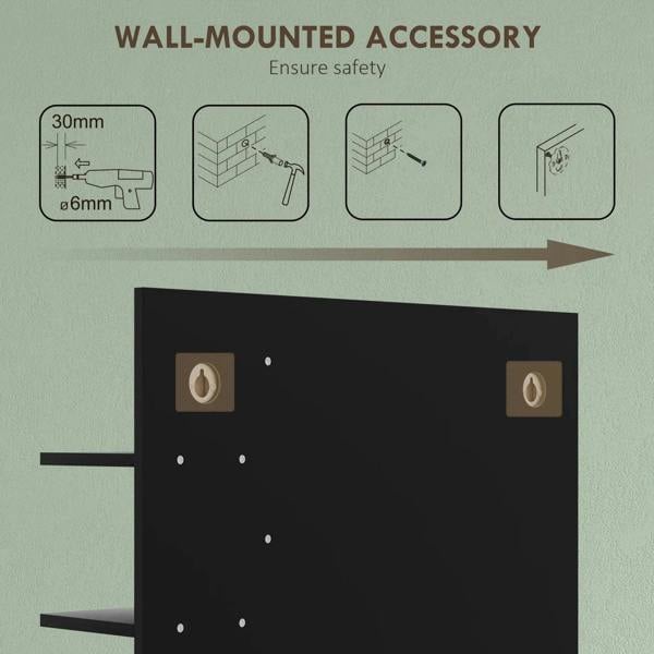 Wall-mounted bathroom mirror with black back panel and bamboo side shelf storage
