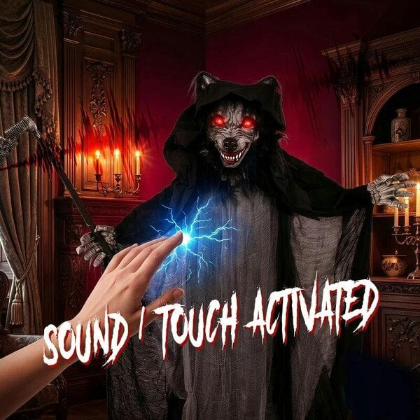 Bobobiy Halloween Standing Werewolf Animated Decoration with Light-Up Eyes, Sound and Touch Activated