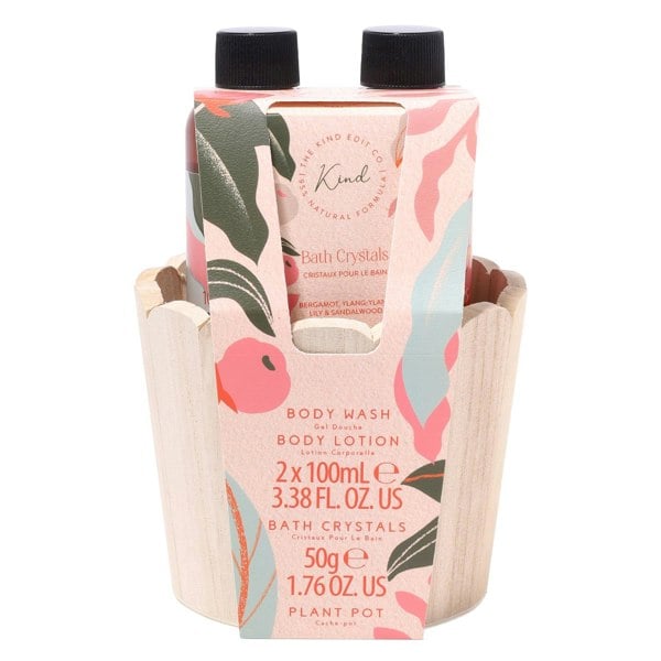 The Kind Edit Co. Kind Pamper Pot - 100ml Body Lotion, 100ml Body Wash, 50g Bath Crystals, Wooden Pot