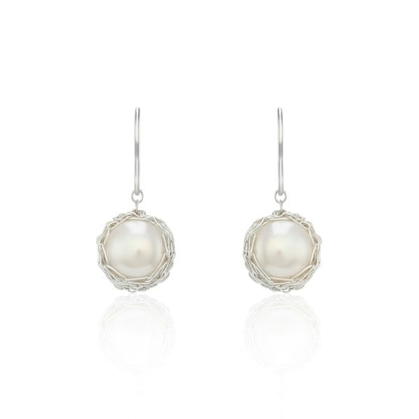 Aelita Jewellery Hand Crocheted Fine Silver Dangle Earrings with White Freshwater Cultured Pearls