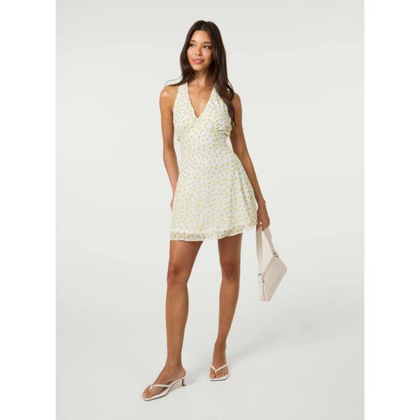Pink Vanilla Lemon Printed Mesh Halter Neck Dress