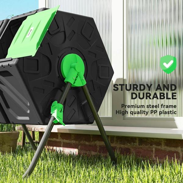 Black dual-chamber compost bin on sturdy steel frame with green side knob and hinge