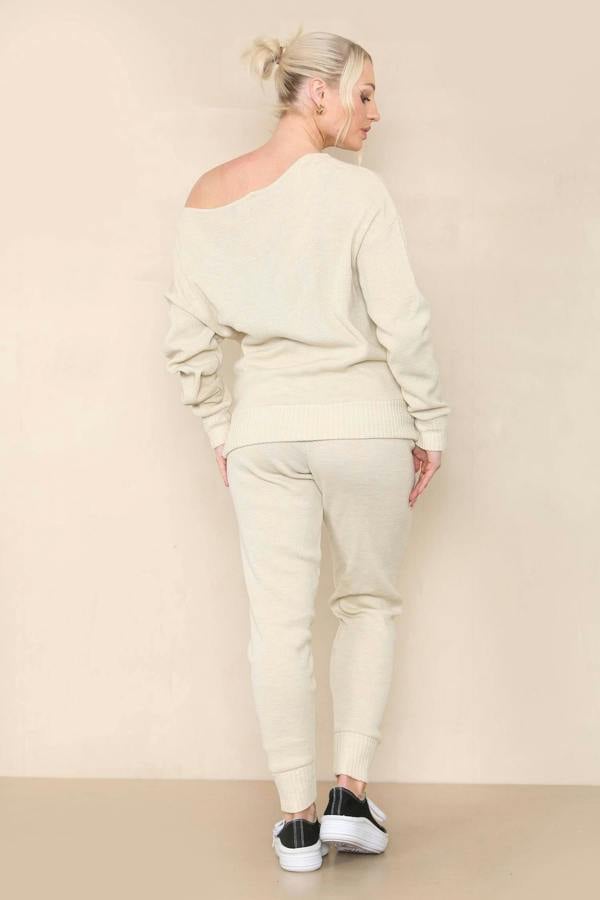 Women Beige Winter Warm Knitted Boat neck Co-Ord Solid Two Piece Loungewear Outfits Set - Elaina Fashion