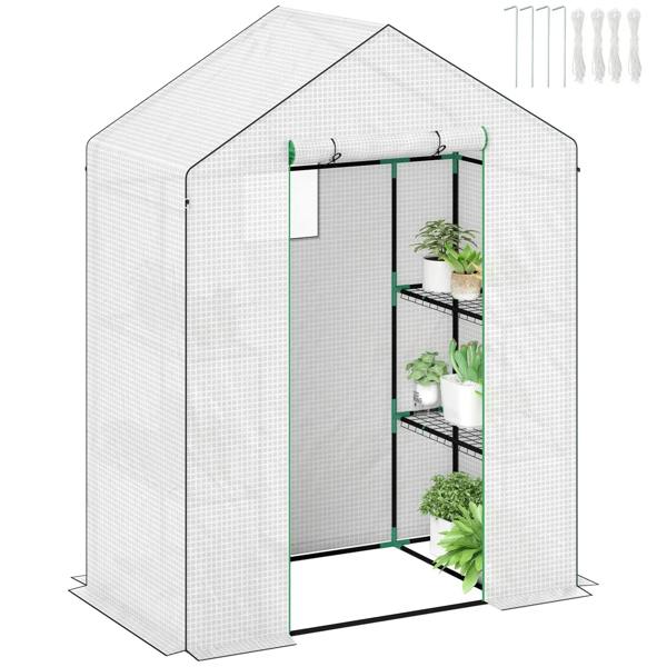 White walk-in greenhouse with shelves, mesh panels, open front door