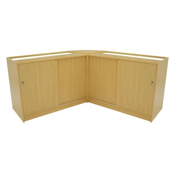 Hera LED Shop Counter Set in maple finish features a sleek, corner design with smooth surfaces and spacious storage cabinets