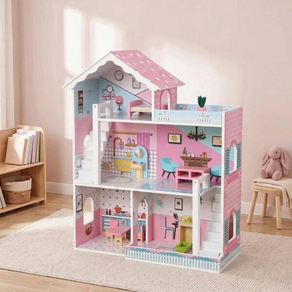Wooden Dolls House, Large 3-Storey Modern Dollhouse with 10 Accessories, Pretend Play Toy Gift for Ages 3-6 Years, Pink