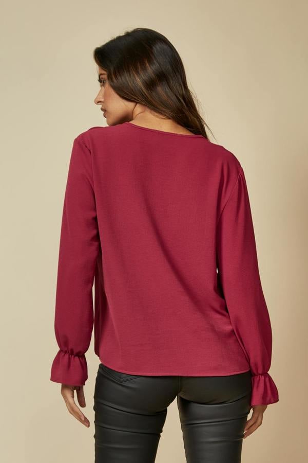 Hoxton Gal Oversized V Neck Top Ruffle Front Details in Burgundy