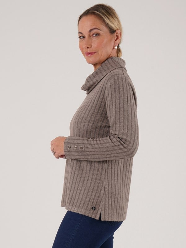 PennyPlain Cowl Neck Cuff Button Top - Latte