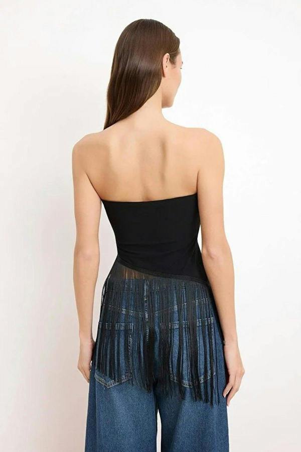 Strapless Fitted Tassel Detail Blouse