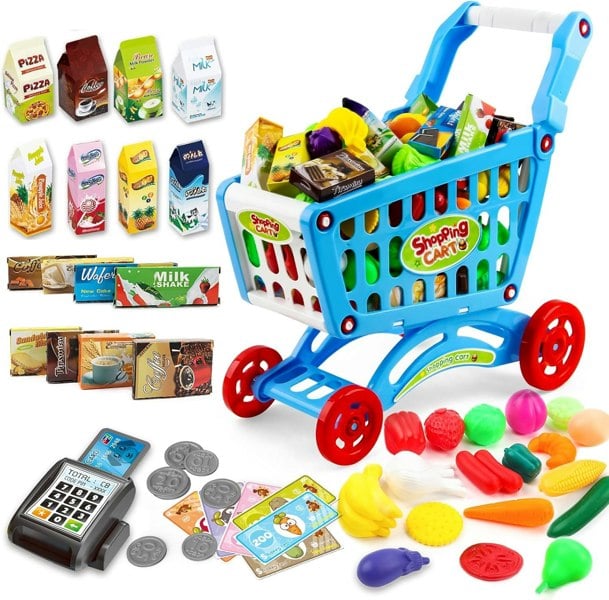 deAO Toys Shopping Cart Trolley for Children Play Set Includes 78 Grocery Food Fruit Vegetables Shop Accessories (blue)