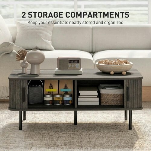Bobobiy Coffee Table with Storage, Rectangular Coffee Table with Elevated Base, Grey Wood-Effect