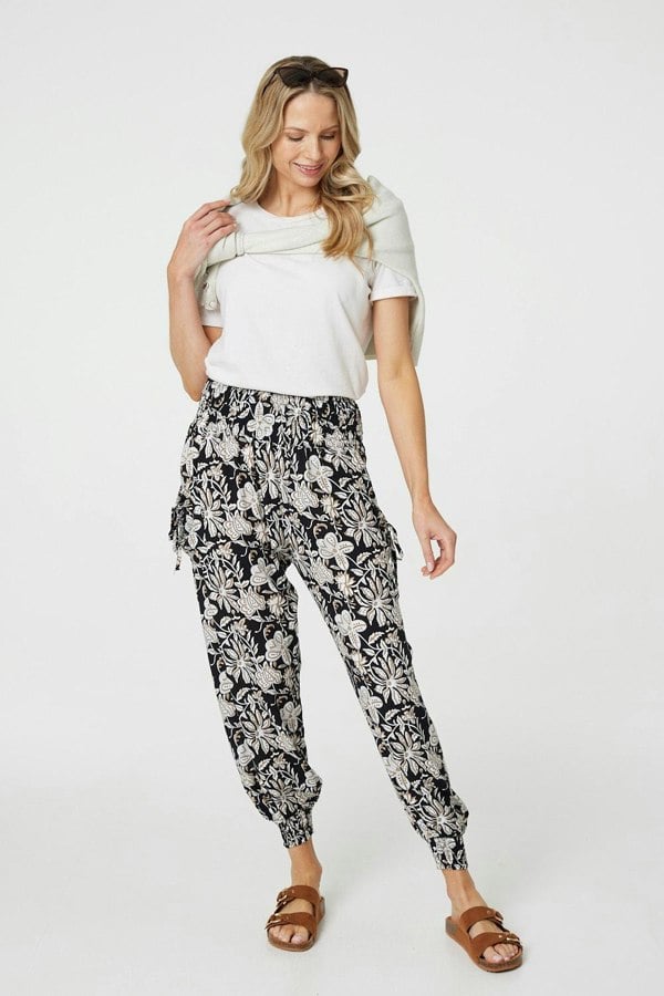 Black | Floral Print Relaxed Harem Pants