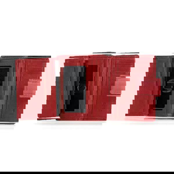 Soft red leather trifold purse with secure tab fastening – open view