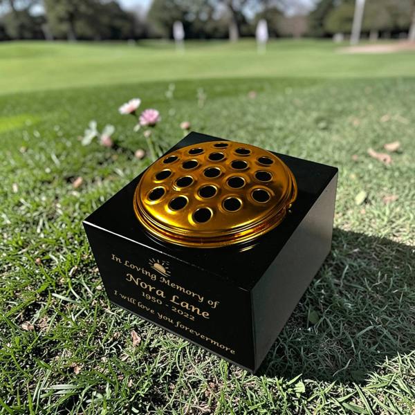 Memorials Direct Granite Memorial Vase with Sunset Design, Free Personalised Gold Engraving, Solid Granite 6 x 6 x 4 Inches