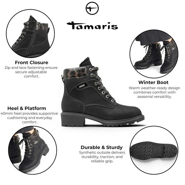 Tamaris Women’s Black Warm Lace-Up Winter Outdoor Ankle Boots - 26266-43