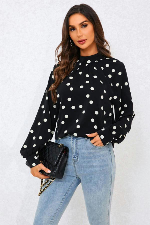 FS Collection Black Dot Print Halter Neck Blouse Top In Black