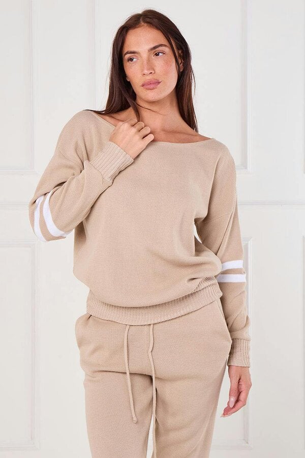 Elaina Fashion Beige Stripe Knitted Co-Ord Set – Loungewear Two Piece