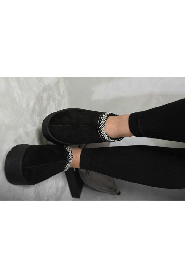 Jolene Aztec Detail Low Ankle Platform Slipper Boots - Black
