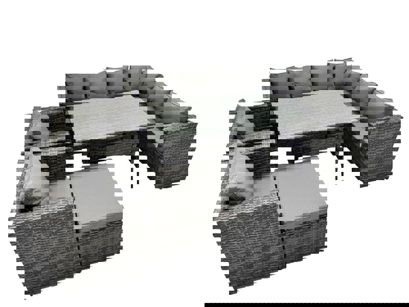 Fimous Rattan Garden Furniture Set Outdoor 9 Seater Patio Dining Corner Sofa Sets with Dining Table 2 Chairs Big Stool Dark Grey Mixed