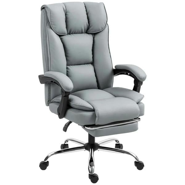 Reclining faux leather swivel office chair with padded arms and footrest, gray.