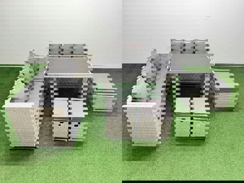 Fimous Rattan Garden Furniture Dining Set 9 seater Patio Rectangular Table Sofa Set with 3 Stools Light Grey