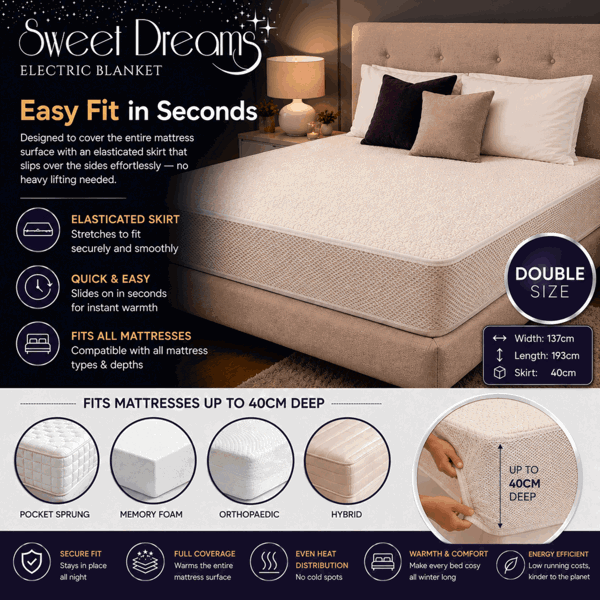 Sweet Dreams Luxury Fleece Electric Blanket Double Size, Machine Washable Underblanket, Digital Control, Overheat Protection