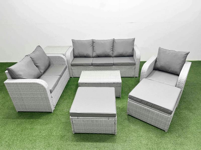 Fimous 8 Seater Garden Furniture Set, PE Wicker, Coffee Table, Reclining Chair, Loveseat, 3 Seater Sofa, 2 Big Footstools and Side Table, Light Grey