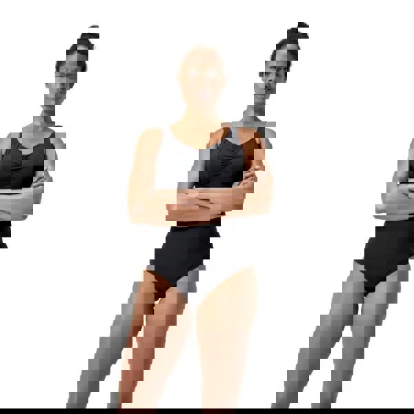 Black Speedo Shaping AquaNite swimsuit with lace-up front, adjustable straps, longer body length