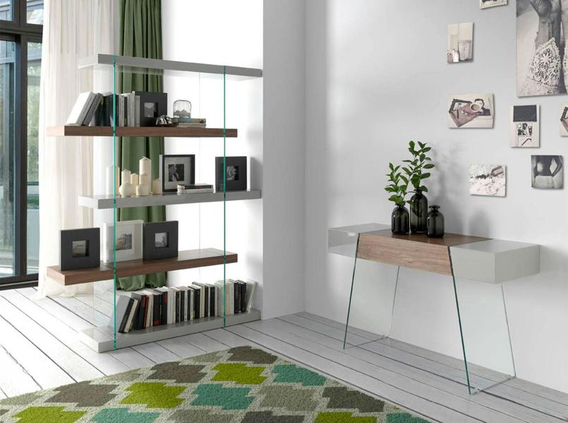 Angel Cerdá Rectangular Console Table Grey Wood, Walnut and Tempered Glass 3029