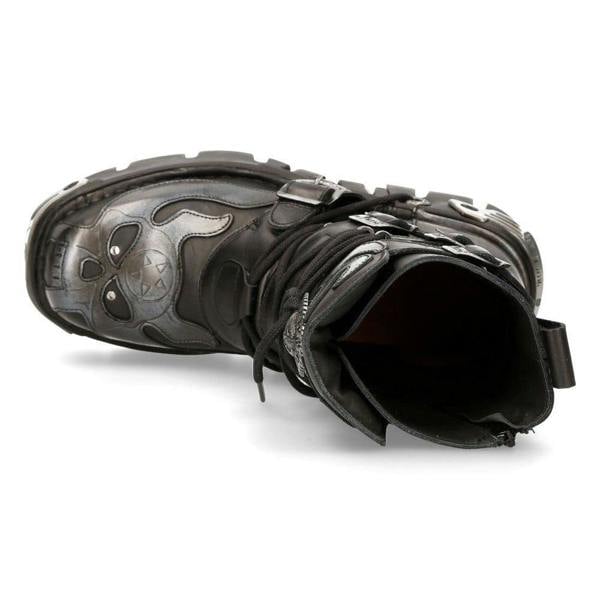 New Rock Flame Accented Black/Silver Leather Biker Boots- 107-S2