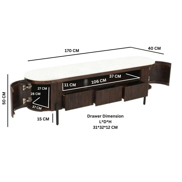 Wyld Haus Alabama Marble Top and Ribbed Mango Wood TV Unit With Drawers