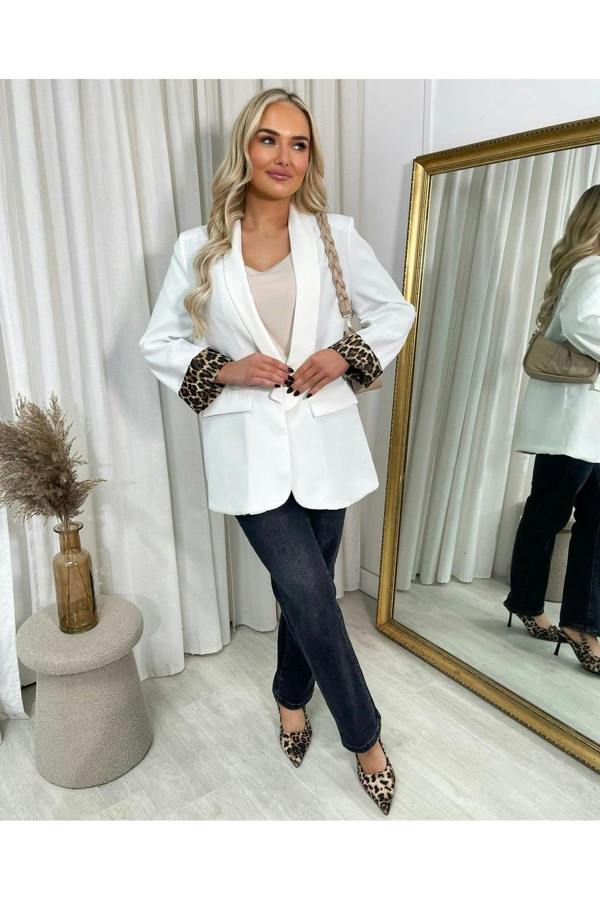 Mira Leopard Print Blazer Jacket - White