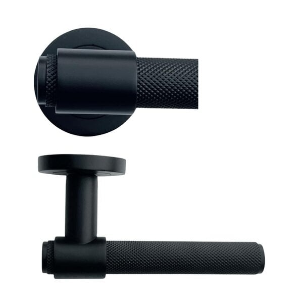 EDH Door Hardware Knurled Door Handles Matt Black Loop & Neck Lever on Round Rose Latch