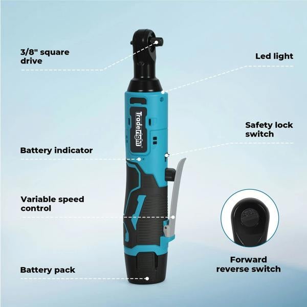 Traderight Electric Cordless Right Ratchet 3/8" 90 Angle Wrench Power 2 Battery
