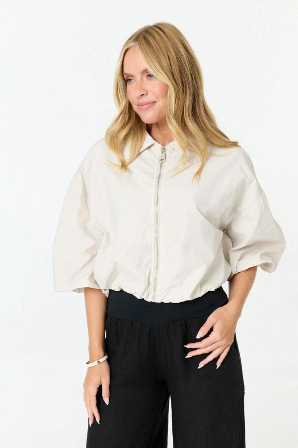 Beige | Zip Front 3/4 Sleeve Cropped Jacket