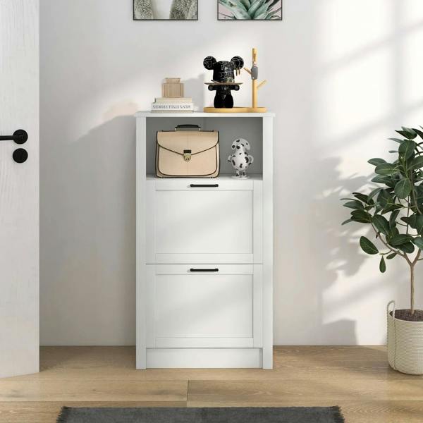White shoe cabinet front view with two flip drawers and open compartment