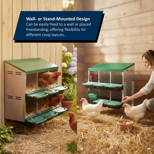 Split-screen image of a metal chicken nesting box with a green roof, shown wall-mounted and freestanding, highlighting flexible coop placement.
