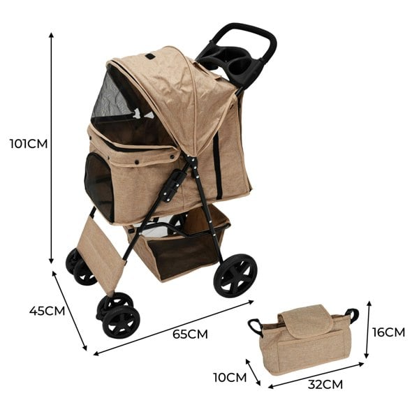 Monstershop Pet Stroller with Rain Cover & Caddy Bag - Woven Beige