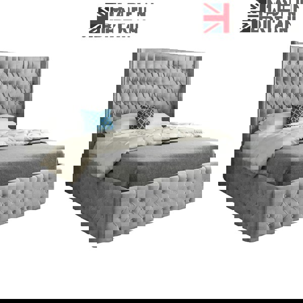 Casa Magna Turin Straight Winged Upholstered Soft Velvet Bed Frame - Grey