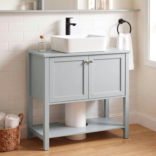 HOMCOM Under Sink Bathroom Cabinet with 2 Doors, Open Shelf, Light Blue
