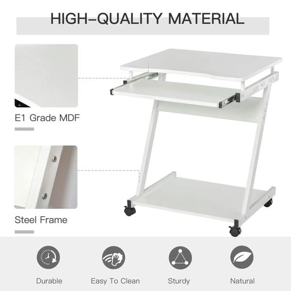 White desk with MDF tabletop, steel frame, and caster wheels