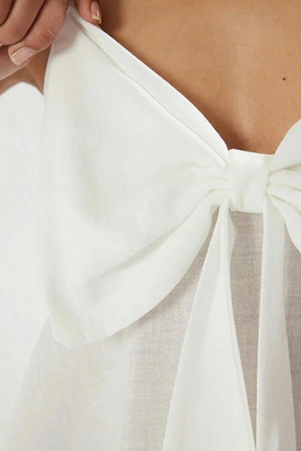 WOVCOR Linen-Look Woven Blouse with Bow Detail