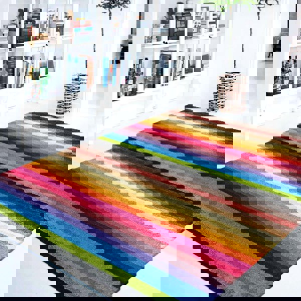 Machine Washable Stripe Design Mat Rug in Multicolour