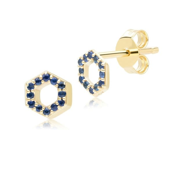 Geometric Hex Sapphire Stud Earrings in 9ct Yellow Gold Front