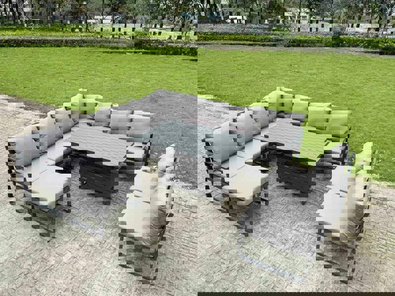 Fimous 9 Seater Aluminium Garden Furniture Set with Adjustable Rising Dining Table, Corner Sofa & Footstool - Grey