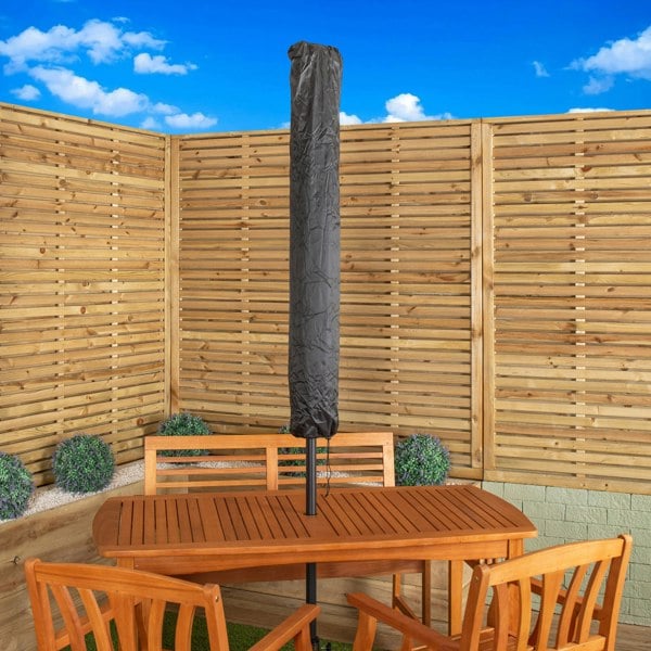 Samuel Alexander Outdoor 4 Person Rectangular Wooden Dining Table, Bench & 2 Chairs with Grey Havana Parasol & Base