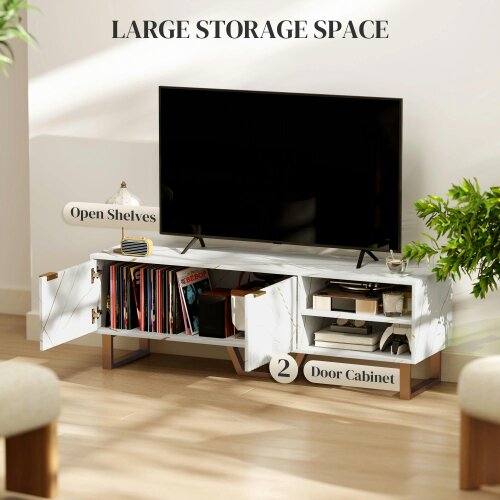 Wyld Haus Veriri 140cm White Marble and Gold Effect TV Unit With Fluted Doors For Screens Up To 70 Inches