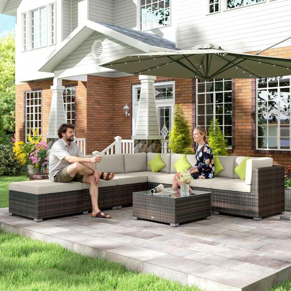 Wyld Haus Dobazi  Mixed Brown Rattan 6 Seater Corner Sofa Set With Cushions And Glass Coffee Table