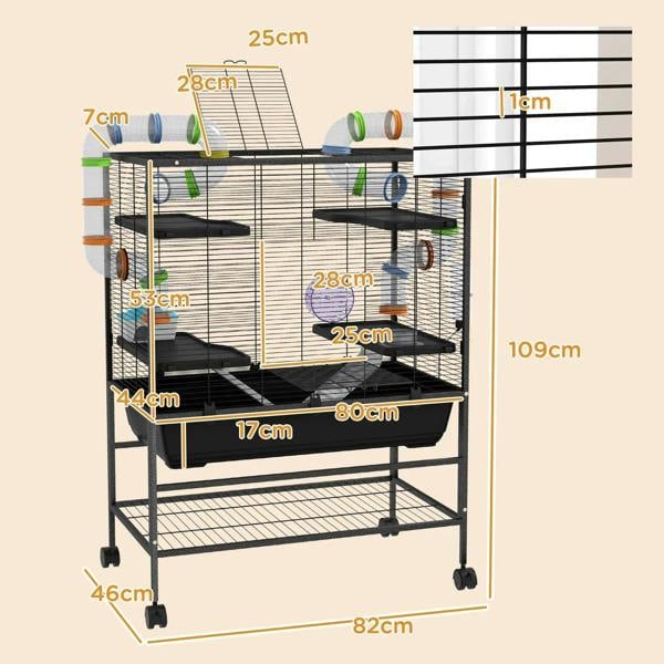 Measurement diagram of large black hamster cage with shelves, ramps, and wheel