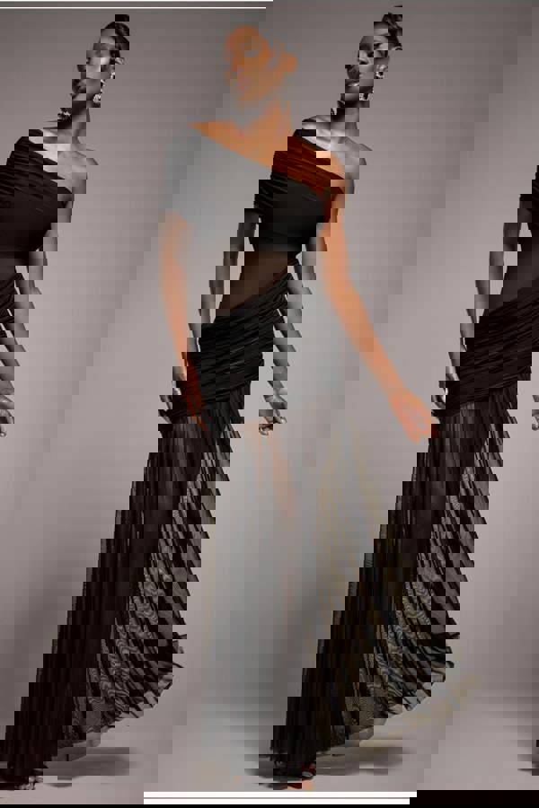 Gathered One Shoulder Sheer Panel Maxi Dress - Black DR4828